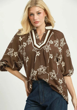 Umgee Mocha Daisy Lace Trim Blouse