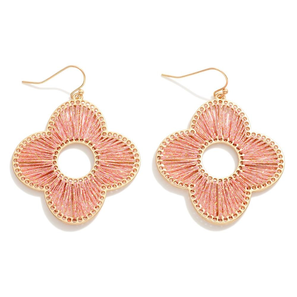 Gold Tone Clover Drop Earrings With Tinsel Wrapped String