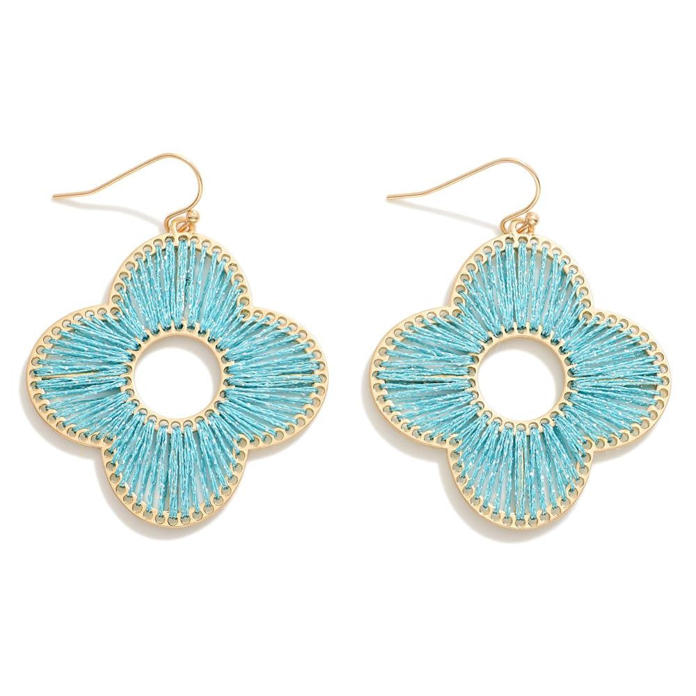 Gold Tone Clover Drop Earrings With Tinsel Wrapped String
