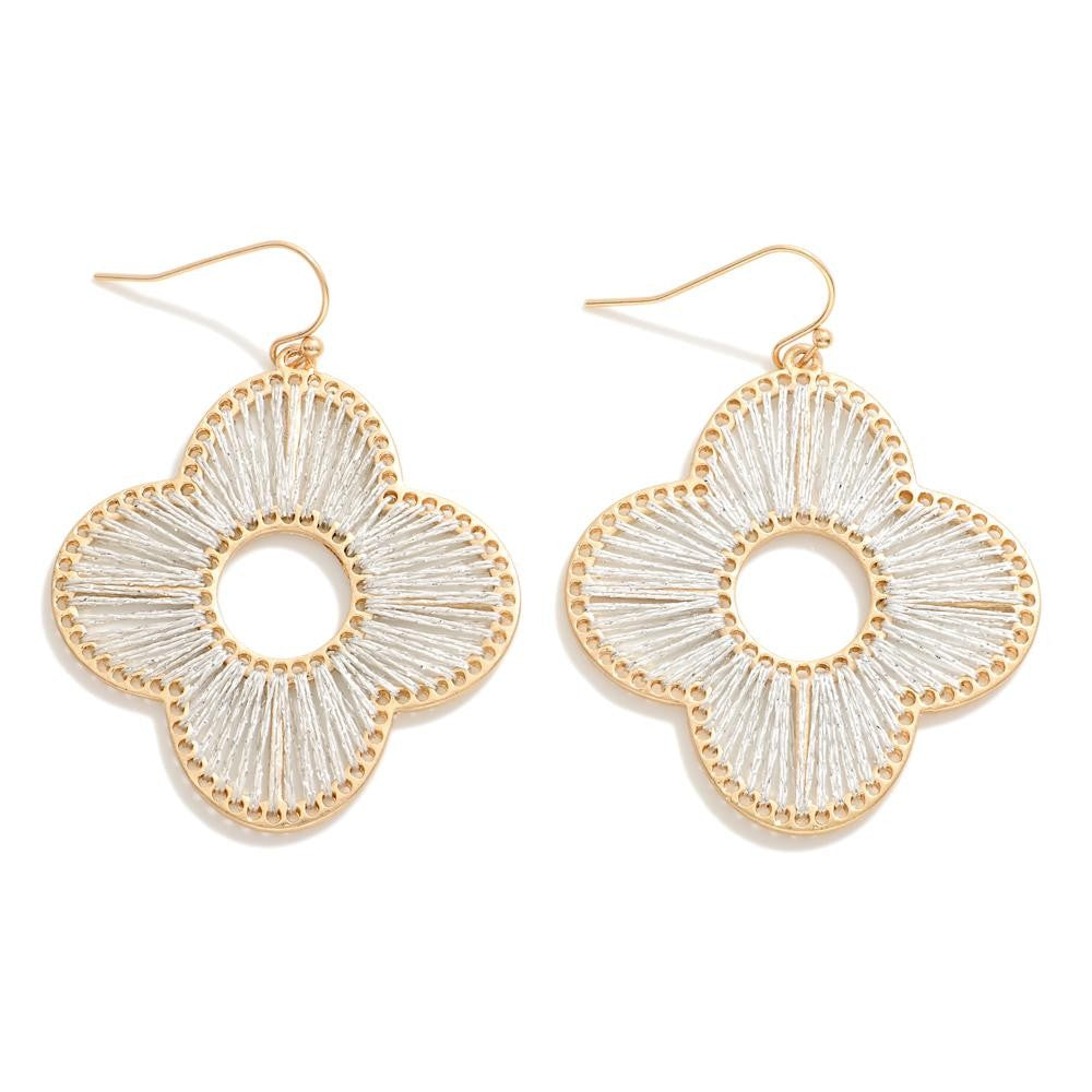 Gold Tone Clover Drop Earrings With Tinsel Wrapped String
