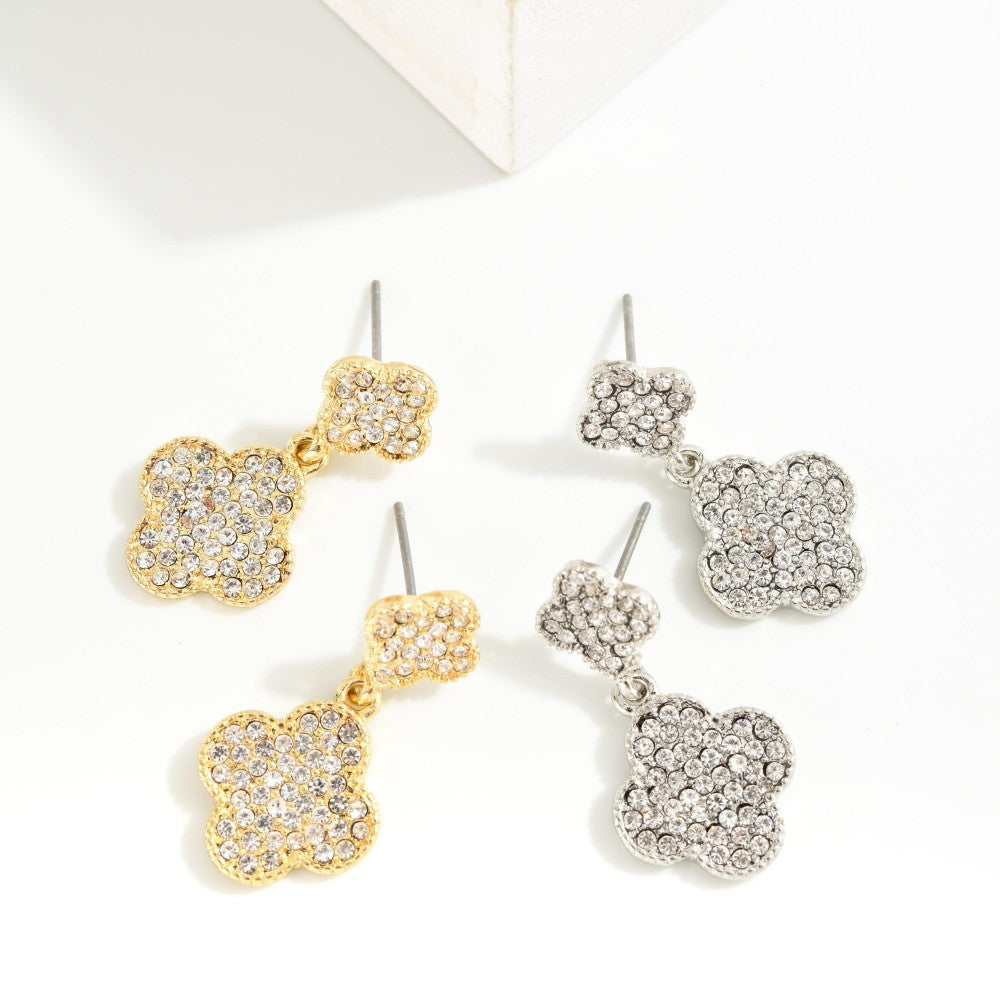 Rhinestone Studded Linked Clovers Post Drop Earrings