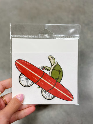Turtle with surfboard on bike sticker