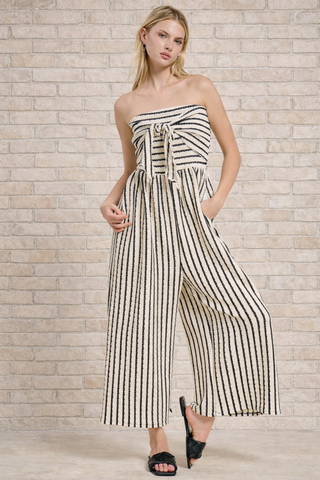 Striped Coastal Tie-Front Strapless Jumpsuit