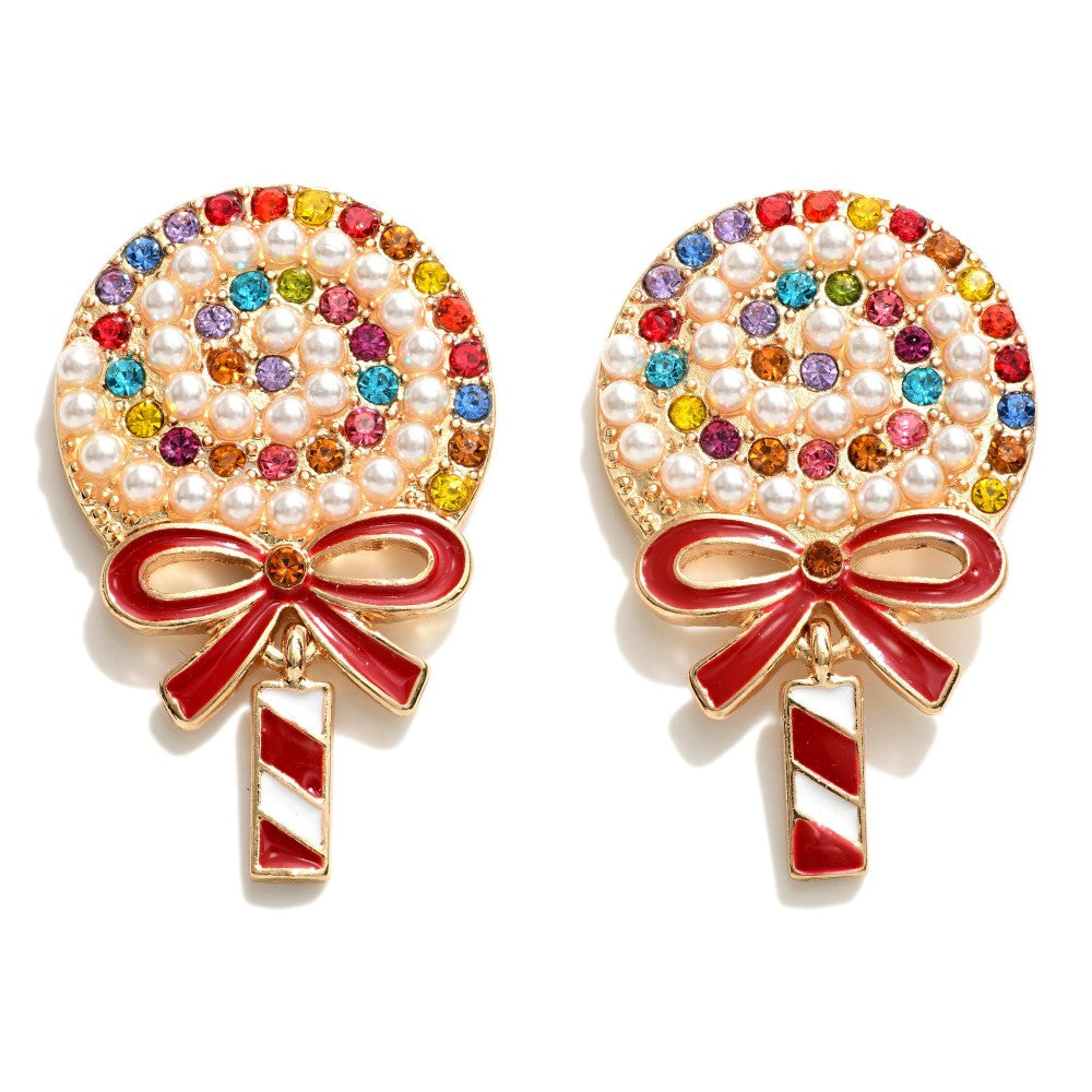 Rhinestone and Pearl Encrusted Lollipop Stud Earrings