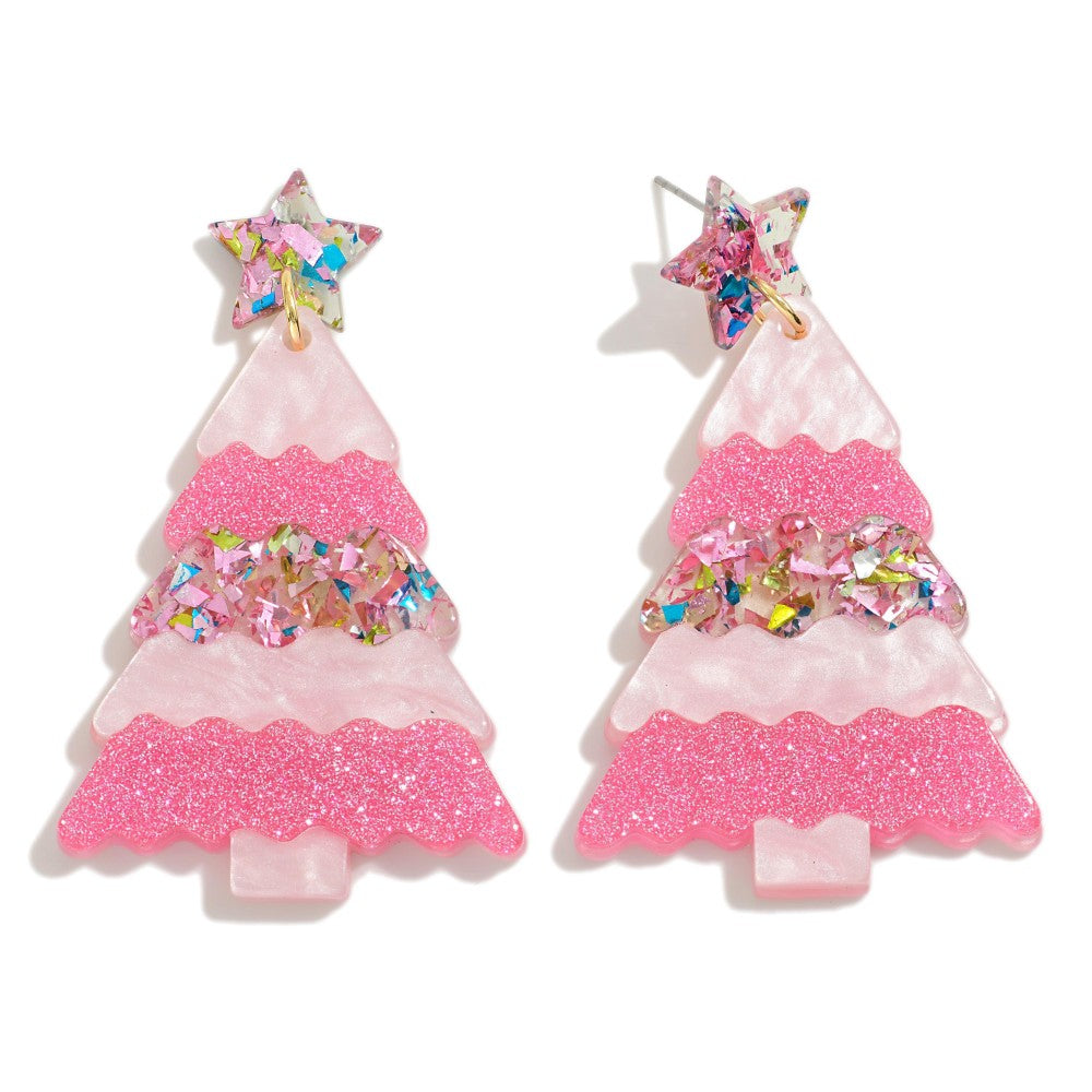 Glitter Accented Christmas Tree Drop Earrings