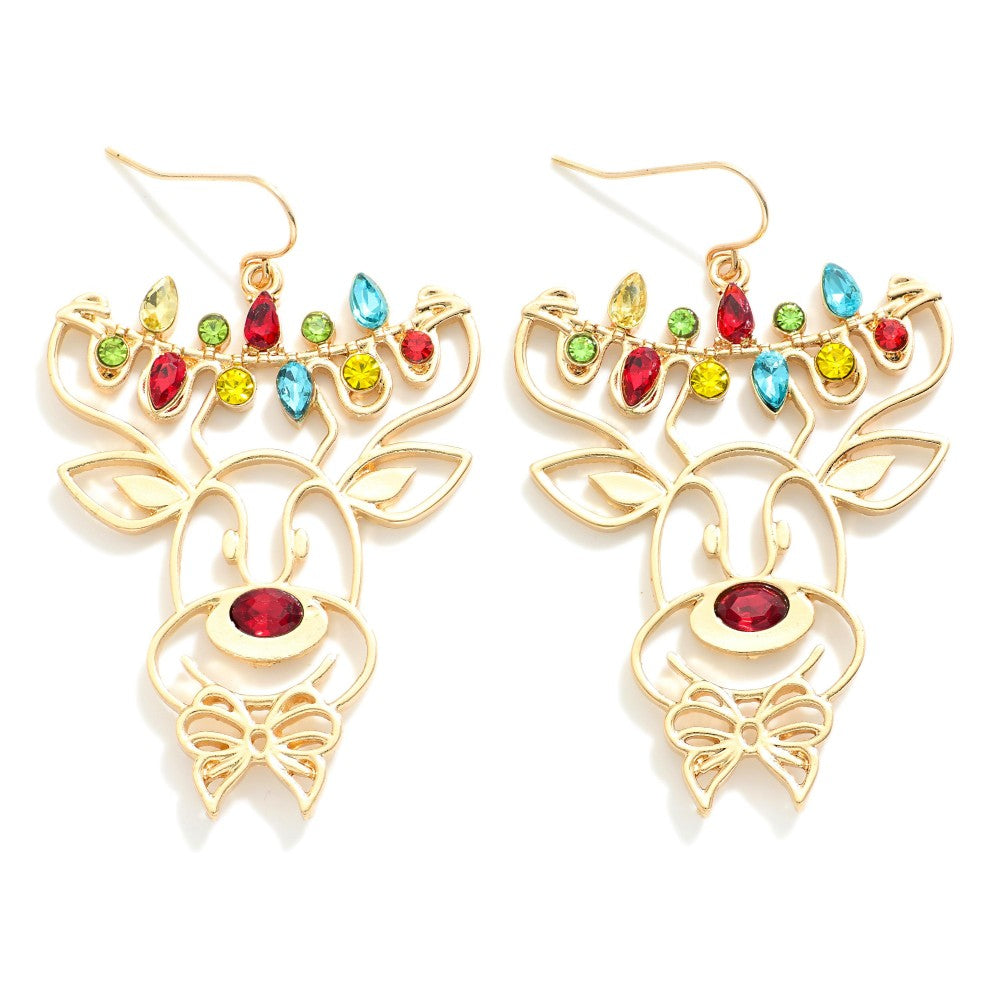 Reindeer Outline Drop Earrings With Rhinestone Christmas Light Details