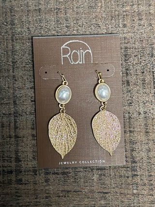 Gold Pearl Drop Leaf Earring
