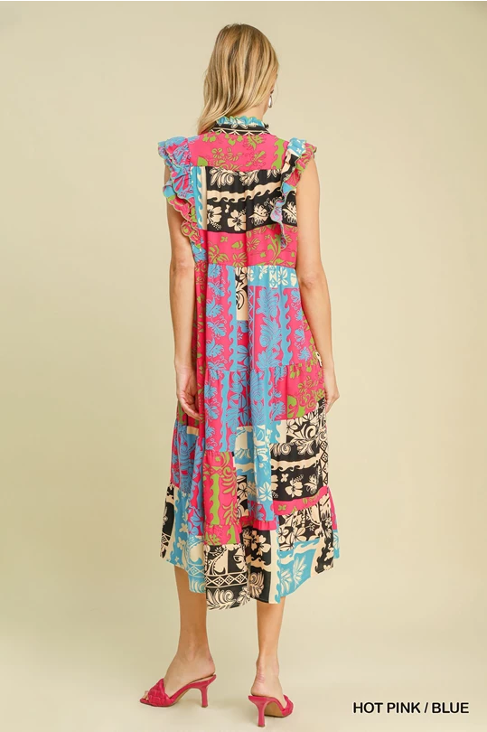 Umgee Tiered Mixed Print Maxi Dress