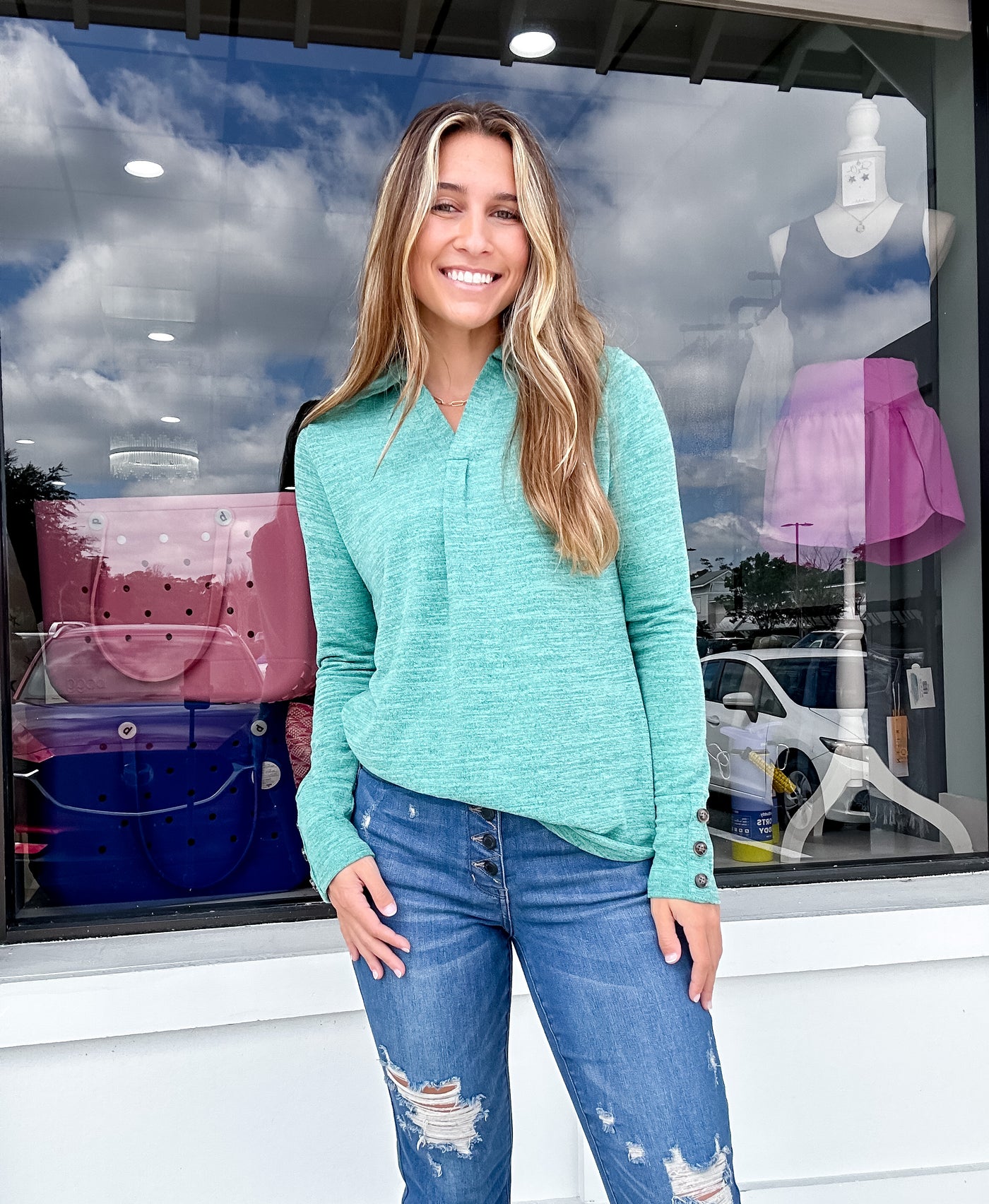 Heathered Knit Collared V Neck Long Sleeve Top
