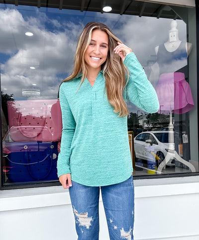 Heathered Knit Collared V Neck Long Sleeve Top