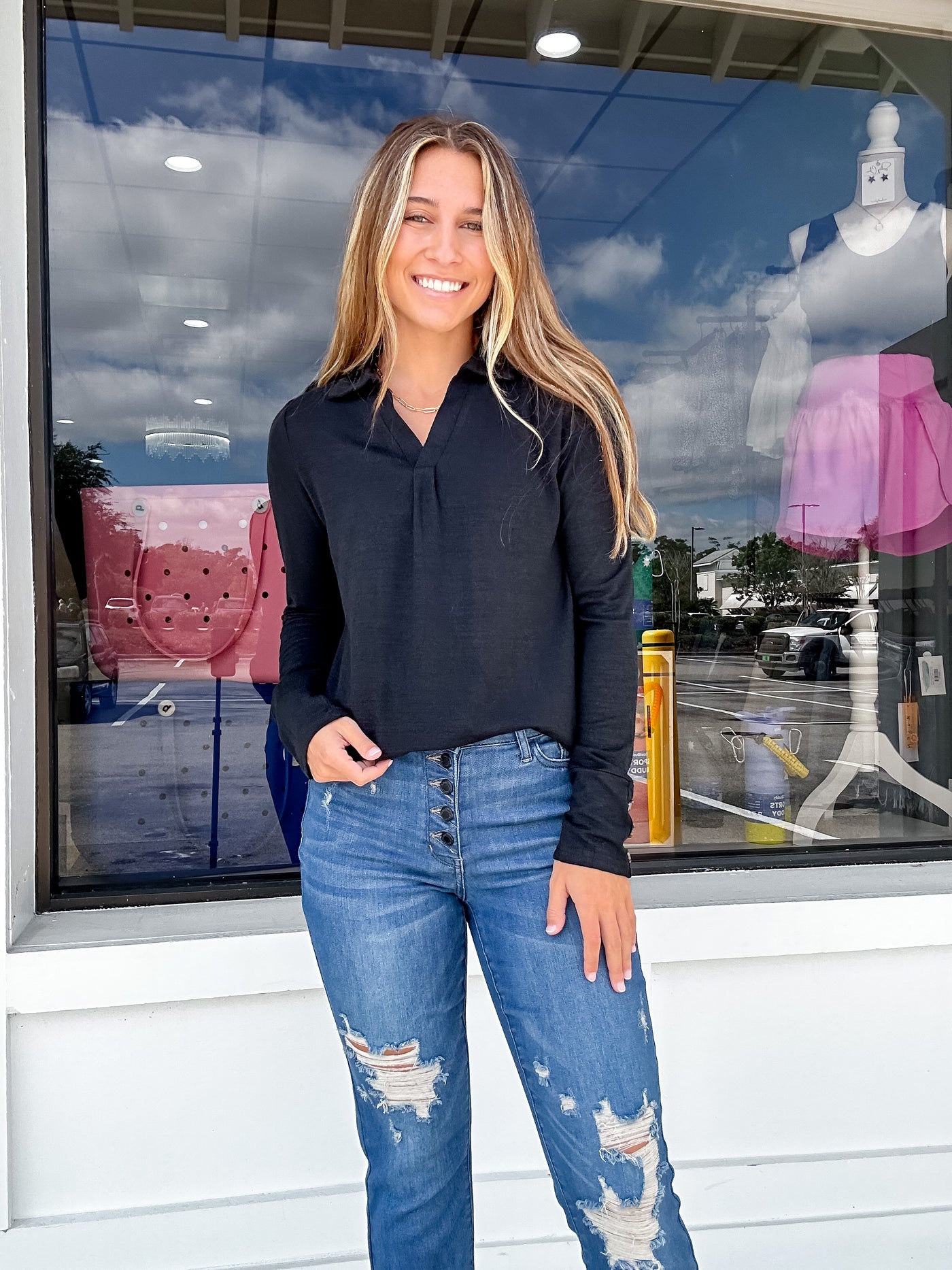 Heathered Knit Collared V Neck Long Sleeve Top