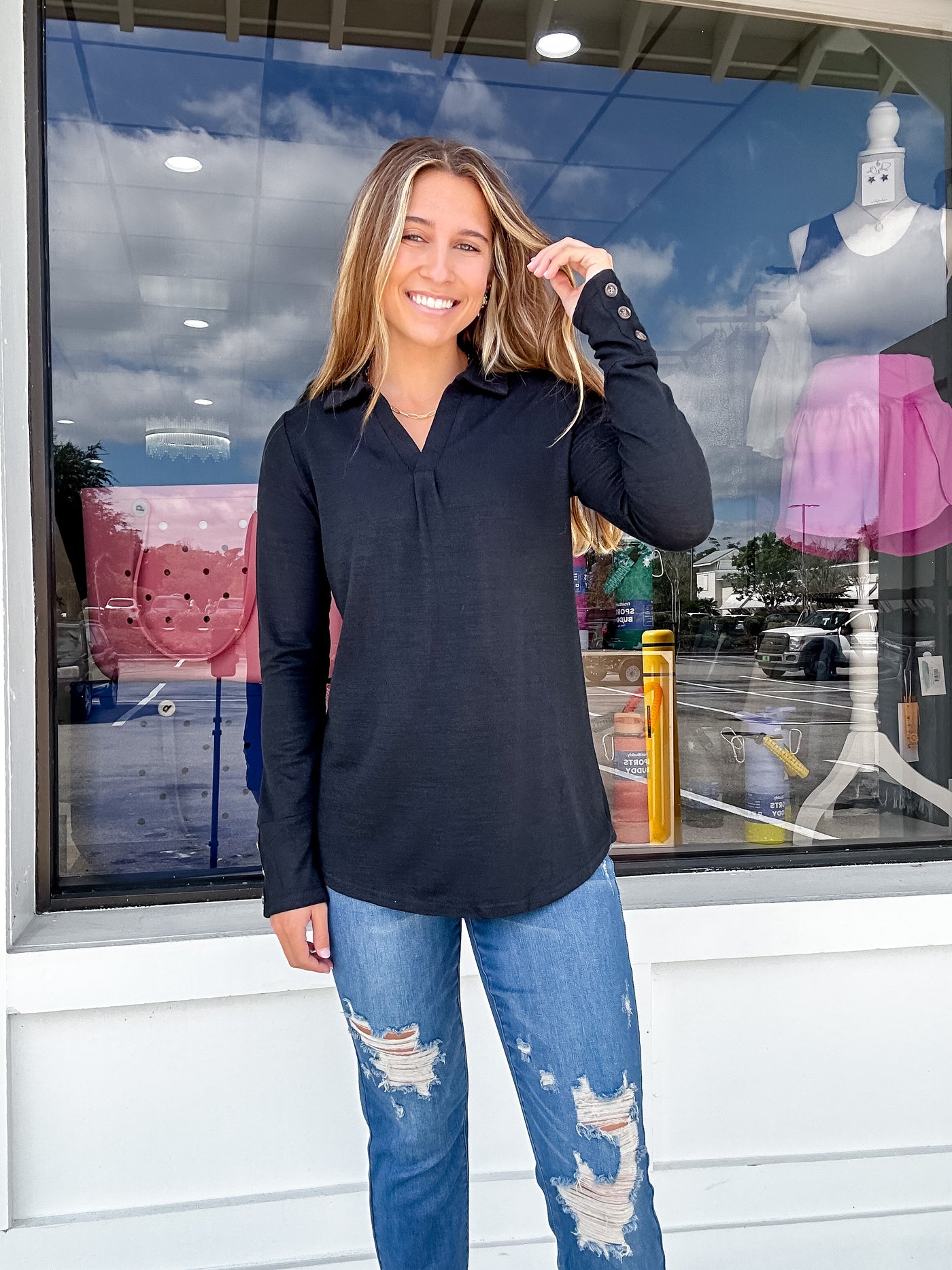 Heathered Knit Collared V Neck Long Sleeve Top