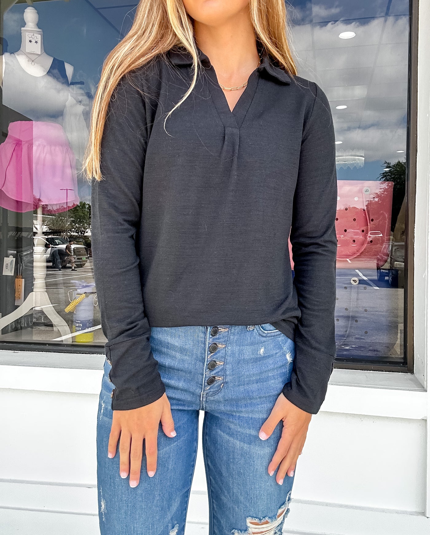 Heathered Knit Collared V Neck Long Sleeve Top