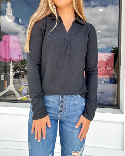 Heathered Knit Collared V Neck Long Sleeve Top