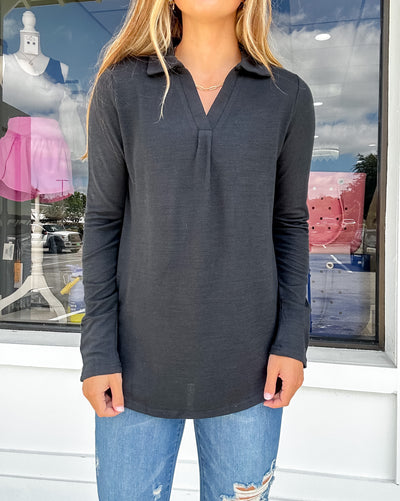 Heathered Knit Collared V Neck Long Sleeve Top