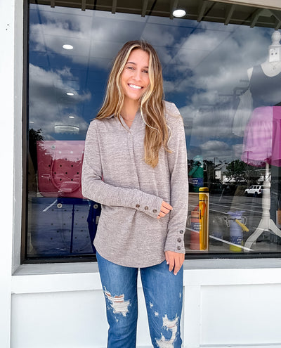 Heathered Knit Collared V Neck Long Sleeve Top