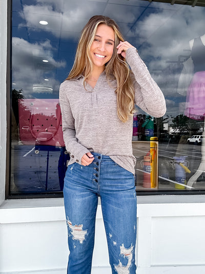 Heathered Knit Collared V Neck Long Sleeve Top