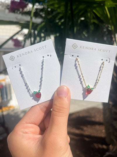 Strawberry Silver Short Pendant Necklace in Dark Pink Crystal