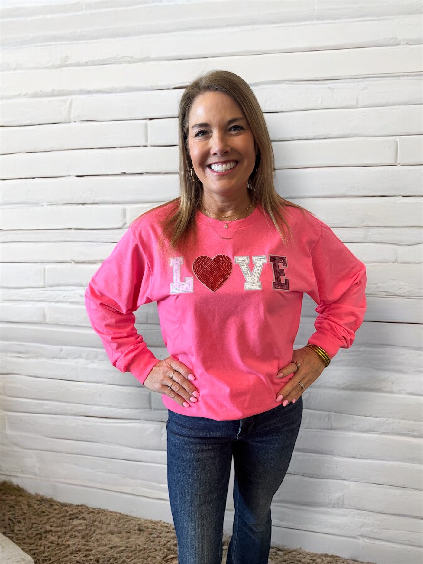 Big Heart Love Sequin Valentine Graphic Long Sleeve T-Shirt