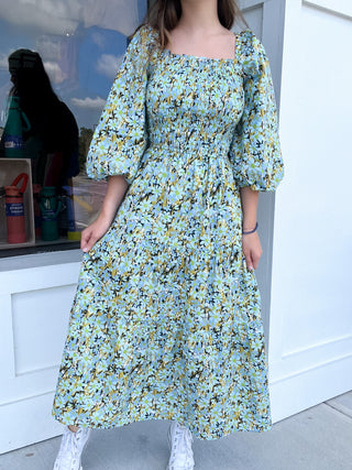 Floral Smock Tier Tie Back Maxi Dress
