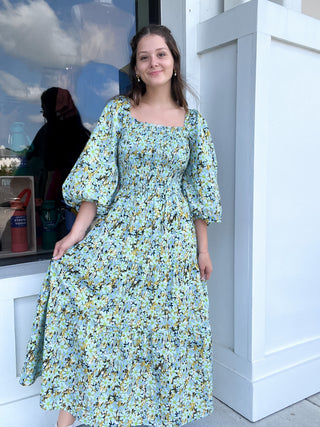 Floral Smock Tier Tie Back Maxi Dress