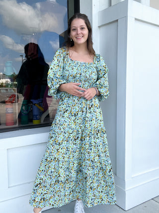 Floral Smock Tier Tie Back Maxi Dress