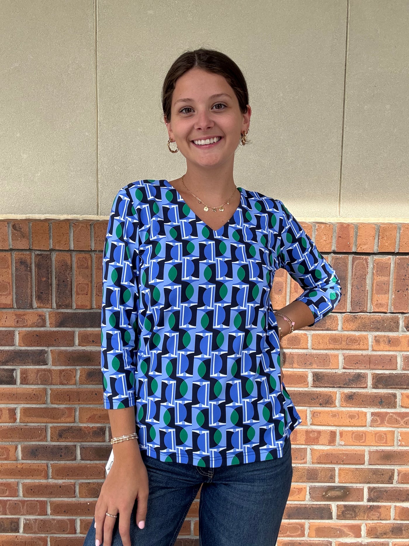 LuLu B Blue Geo V-Neck 3/4 Sleeve Top