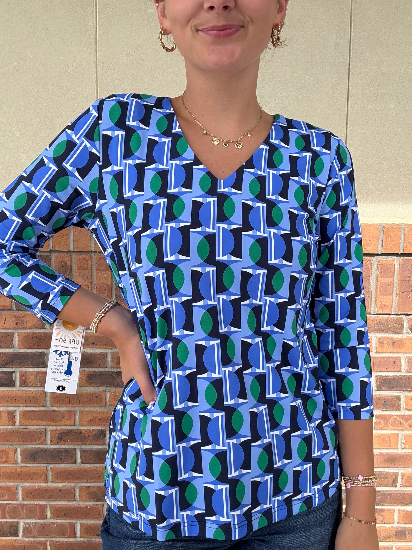 LuLu B Blue Geo V-Neck 3/4 Sleeve Top