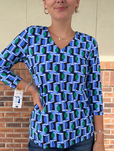 LuLu B Blue Geo V-Neck 3/4 Sleeve Top