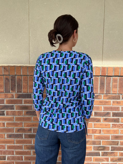 LuLu B Blue Geo V-Neck 3/4 Sleeve Top