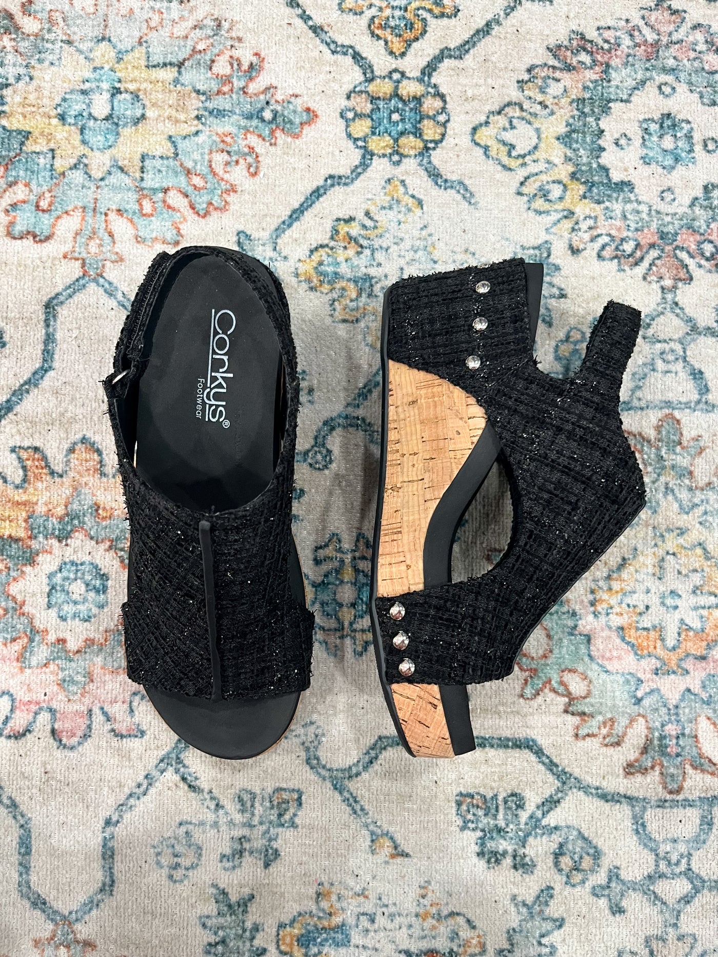 Corky's Carley Wedge Sandals Black Tweed