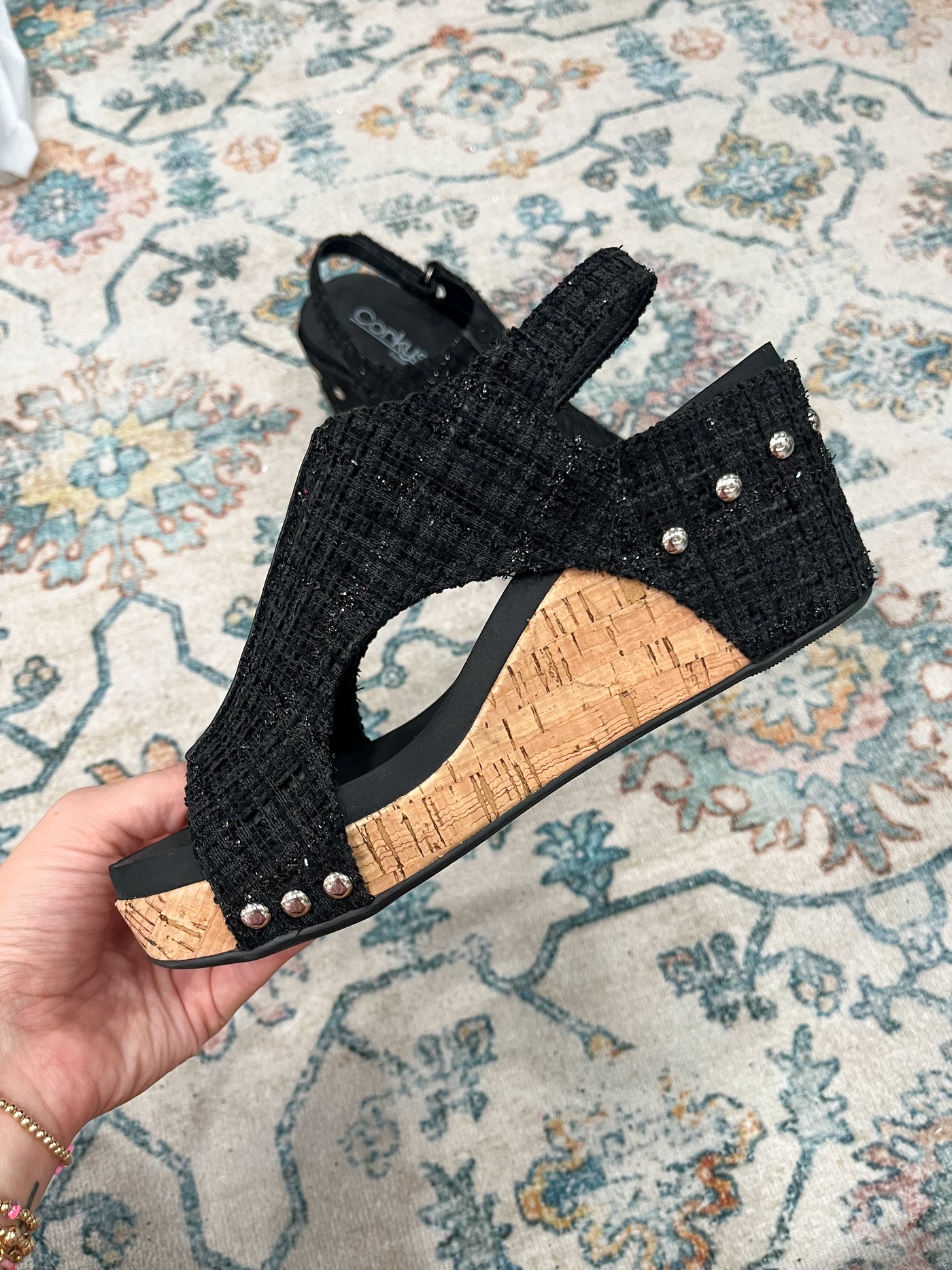 Corky's Carley Wedge Sandals Black Tweed