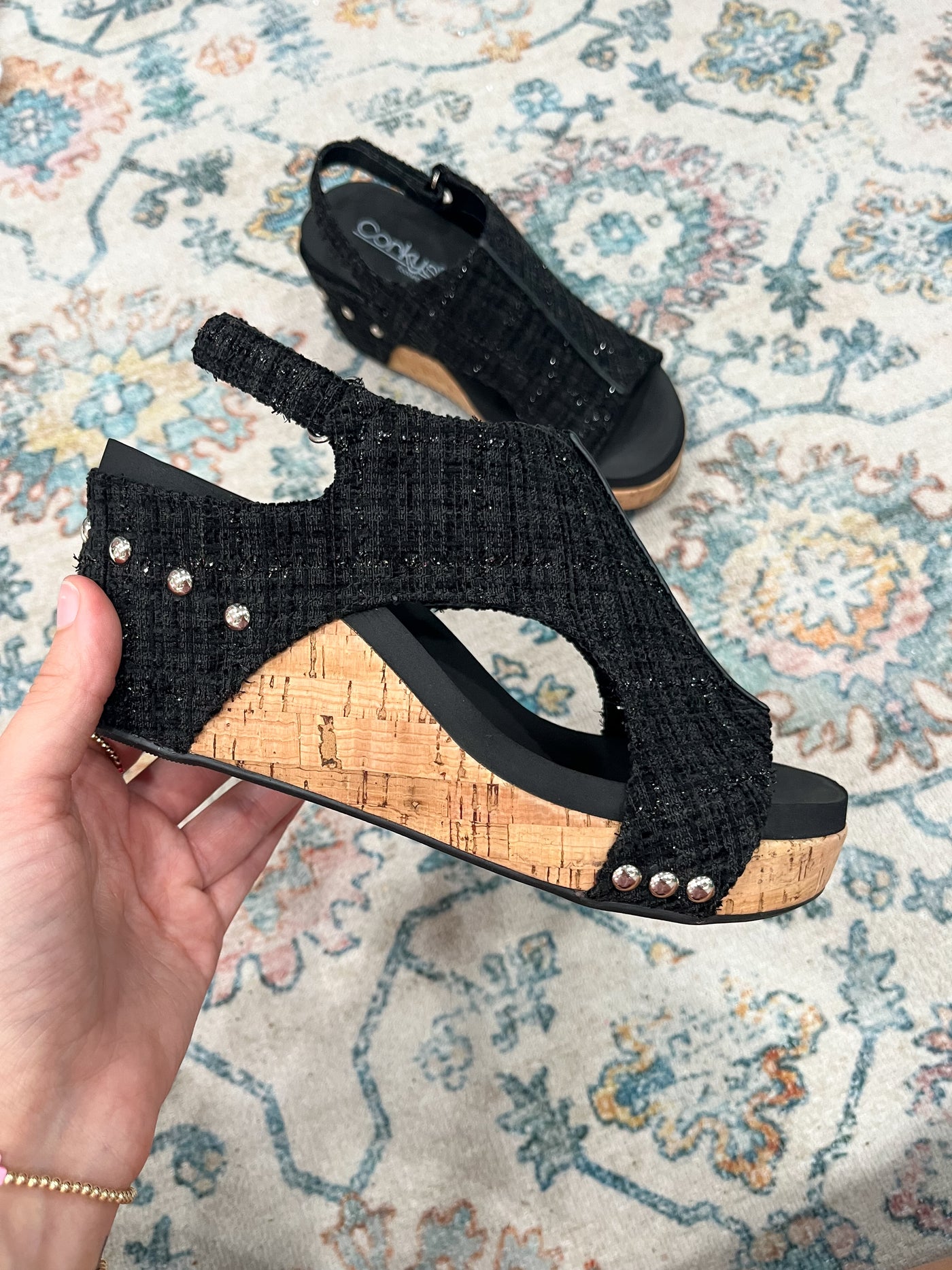 Corky's Carley Wedge Sandals Black Tweed