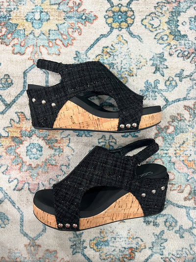 Corky's Carley Wedge Sandals Black Tweed