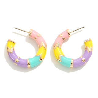 Enamel Coated Metal Hoop Earring With Chevron Striping