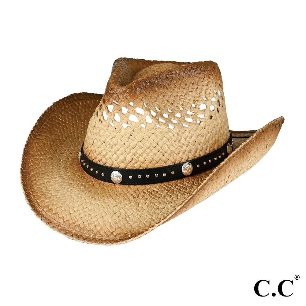 Tea Stained Raffia Cowboy Hat With Silver Accented Band