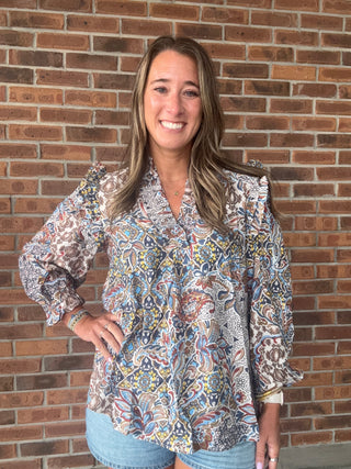 Umgee Mix Print Ruffle Detail Blouse