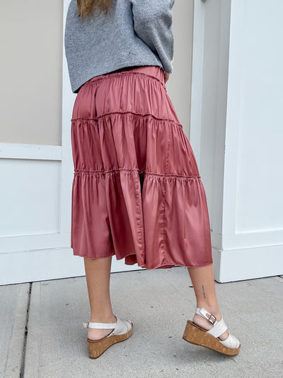 Satin Tiered Midi Skirt