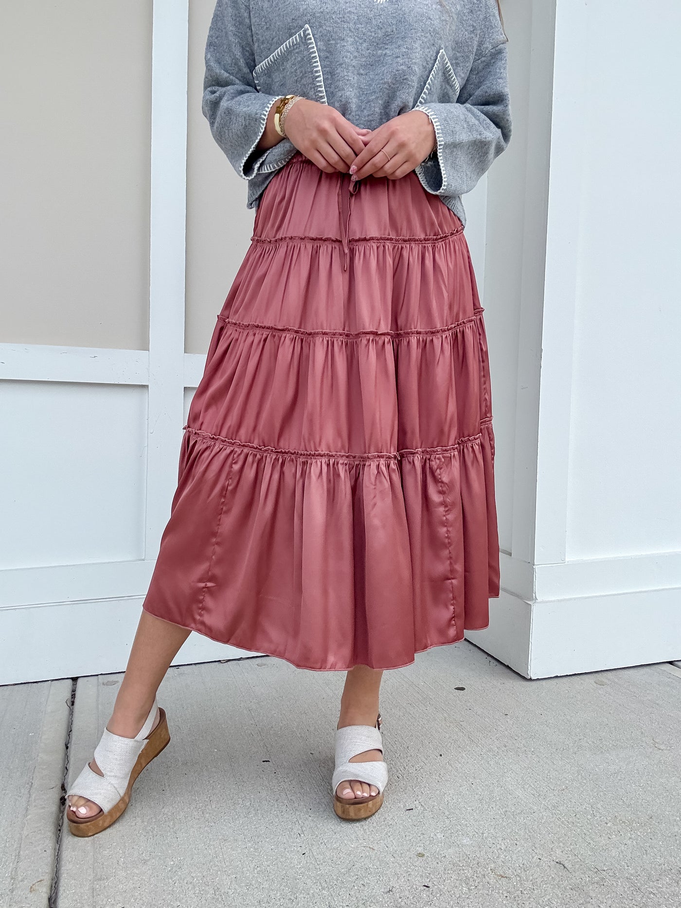 Satin Tiered Midi Skirt