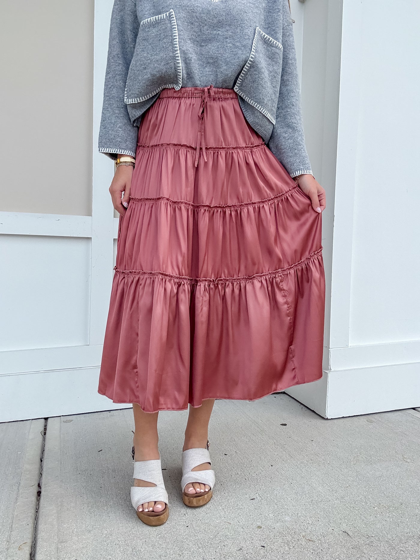 Satin Tiered Midi Skirt