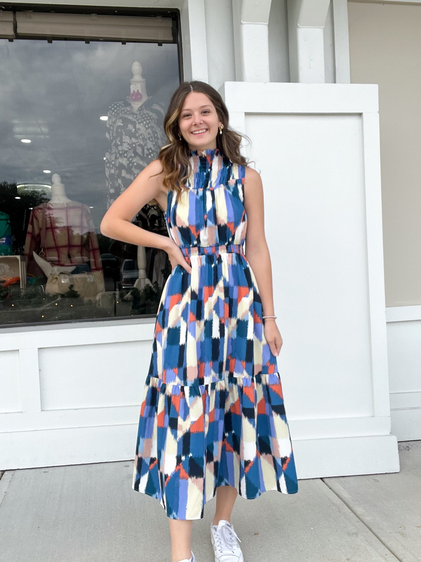 THML Smocked waist print maxi dress