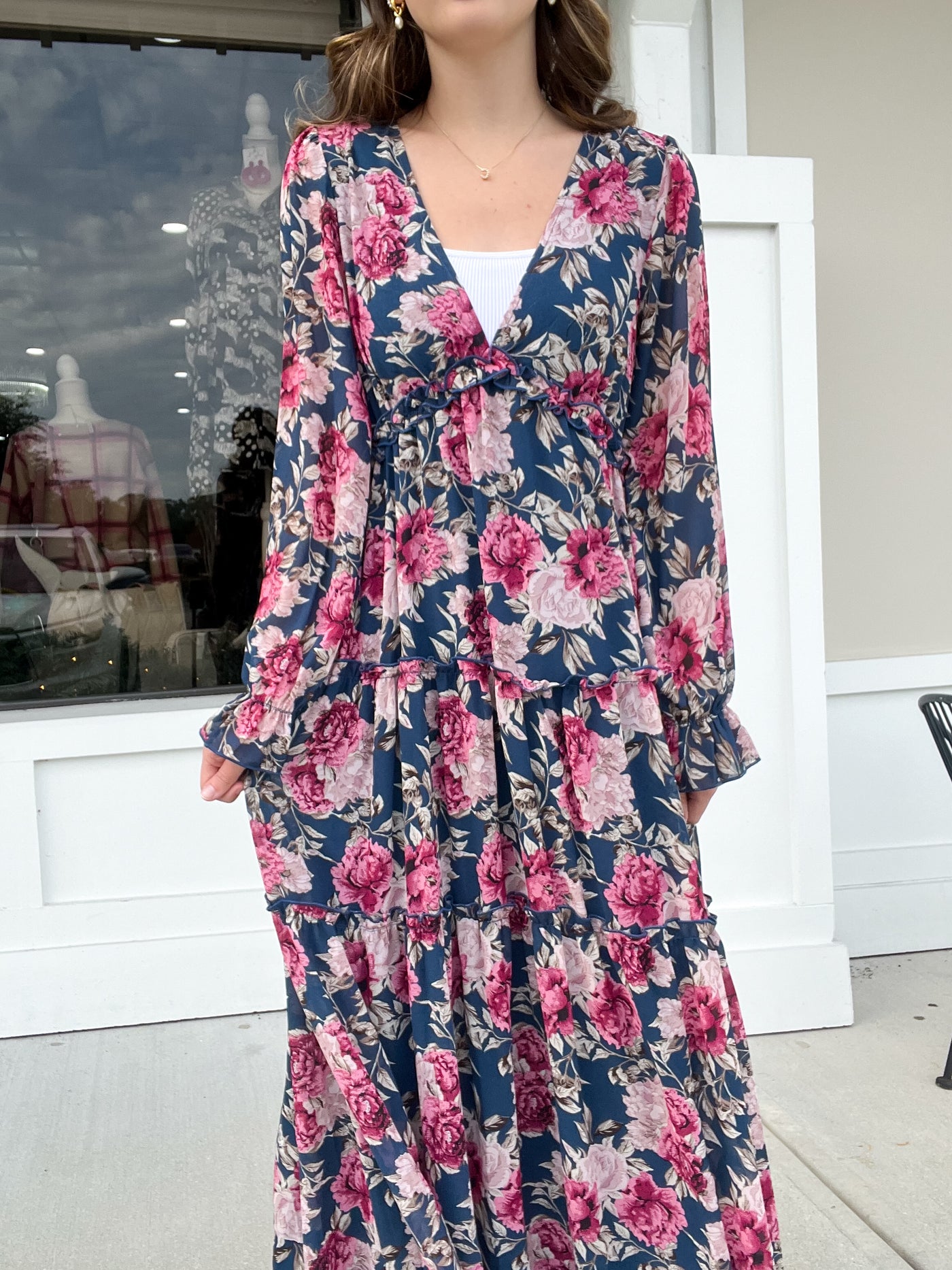 Flower Print Ruffled V-Neck Maxi Dress