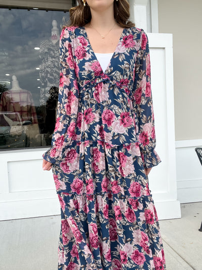 Flower Print Ruffled V-Neck Maxi Dress