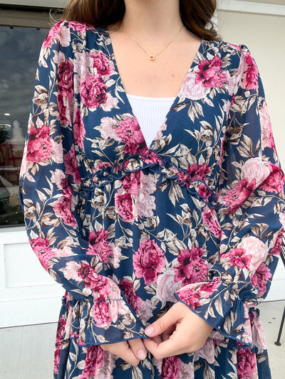 Flower Print Ruffled V-Neck Maxi Dress