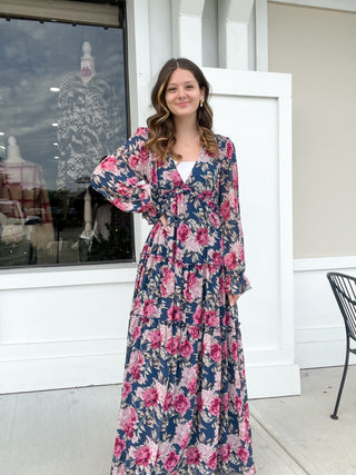 Flower Print Ruffled V-Neck Maxi Dress