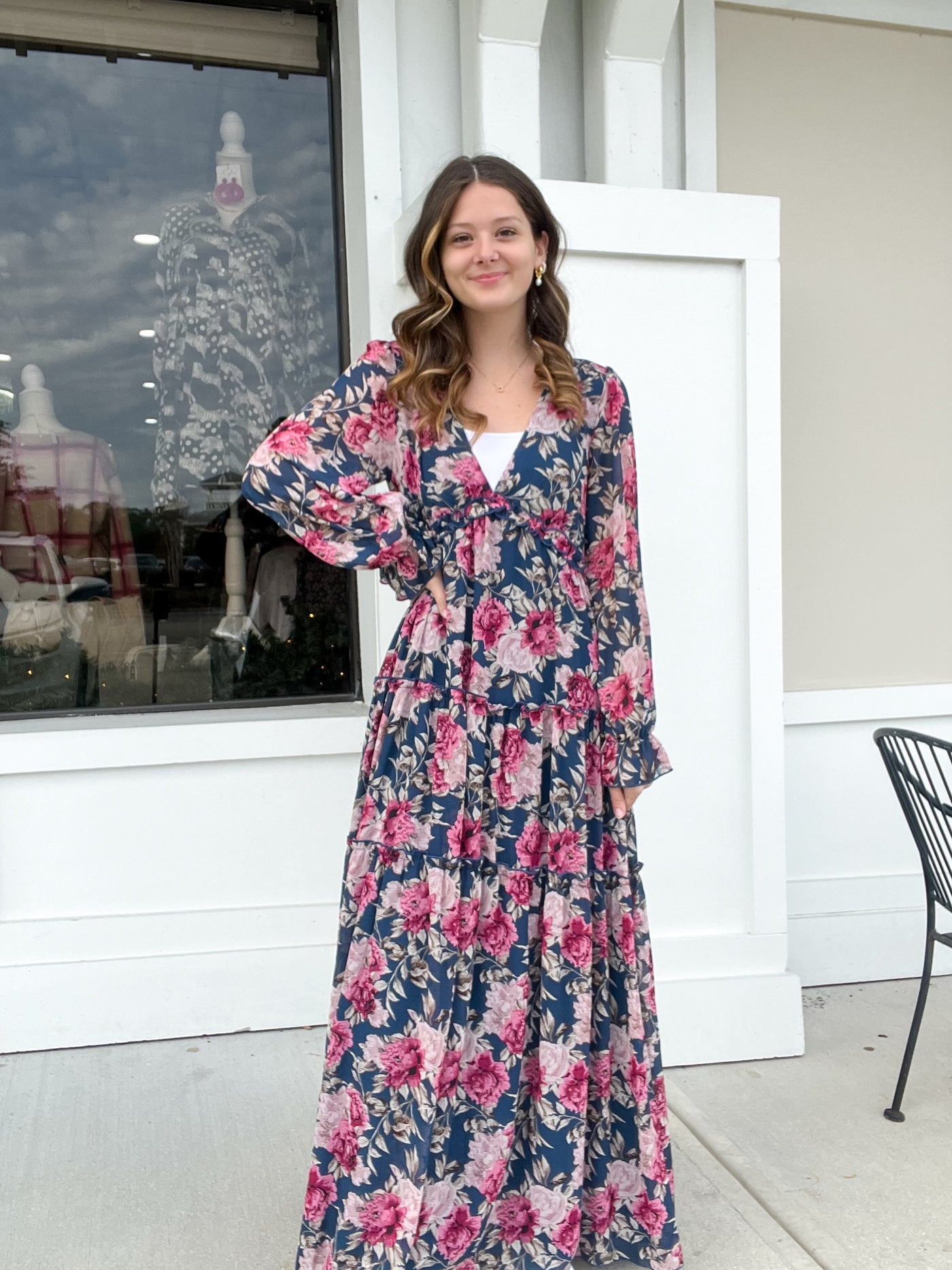 Flower Print Ruffled V-Neck Maxi Dress