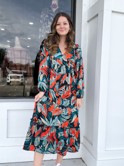 Umgee Printed Long Sleeve Dress with Ruffle Trim Detail