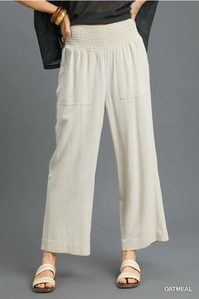 Umgee Linen Wide Leg Smocked Waist Pants