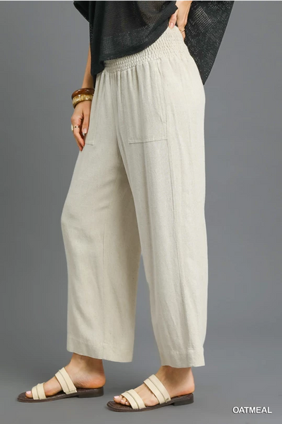 Umgee Linen Wide Leg Smocked Waist Pants