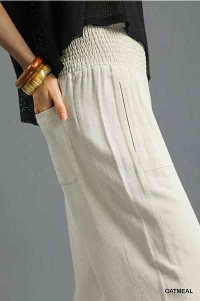 Umgee Linen Wide Leg Smocked Waist Pants